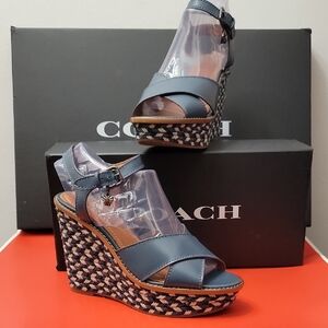 NWOT Coach Cross Band High Blue Wedge Sandals  No. G2212